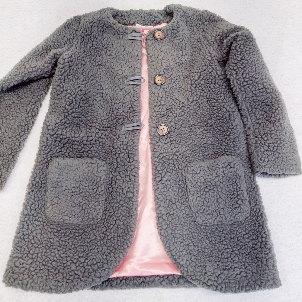 Hanna Andersson Sherpa Teddy Fleece Girls Coat Sz 120 (US 6/7) Gray Pink - Picture 3 of 13